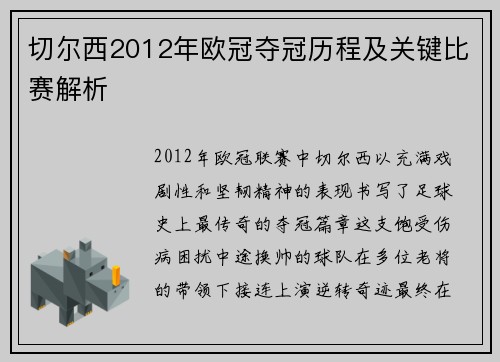 切尔西2012年欧冠夺冠历程及关键比赛解析